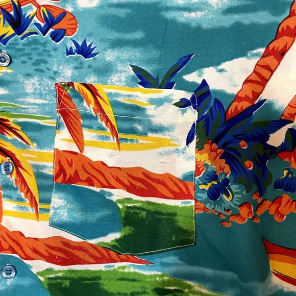 Waikiki Creations Bright Island Print Silky Men's Short Sleeve Hawaiian Shirt L - Picture 5 of 6